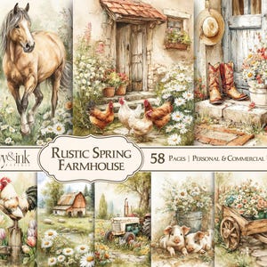 Puede incluir: Ilustraciones en acuarela de una escena de granja rústica con un caballo, gallinas y un gallo. La imagen incluye una granja, botas de vaquero, un tractor y un cerdo. El texto dice "Rustic Spring Farmhouse" y "58 Pages | Personal & Commercial Use."