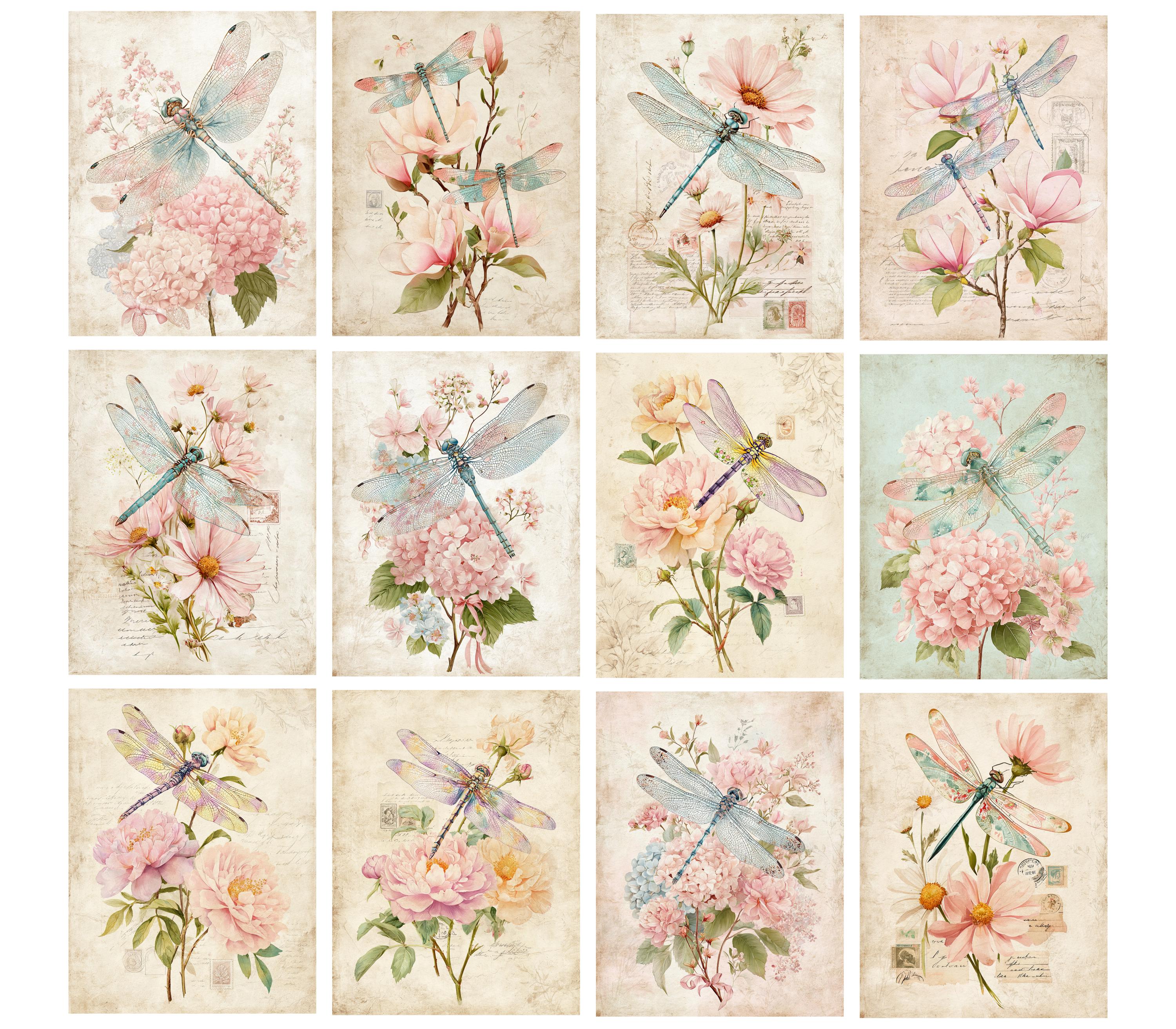 Vintage Dragonfly Junk Journal Pages Printable Pastel Floral Ephemera ...