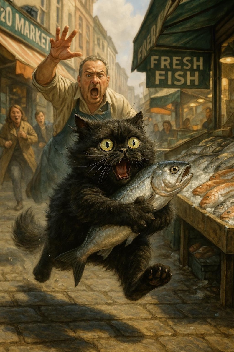 May include: A black cat with green eyes runs through a market with a silver fish in its mouth. The cat is running towards the right side of the image. The market has a sign that reads 'FRESH FISH'.