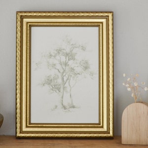 Tree Sketch, Landscape Gold Framed Artwork, Nature Botanical Print, Housewarming Gift Idea, Forest Art