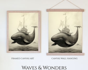 Waves And Wonders | Whimsical Painting | Whales And Ship Nursery Canvas Artwork