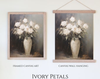 Floral Painting | White Roses In Vase | Still Life | Ivory Petals | Canvas Artwork