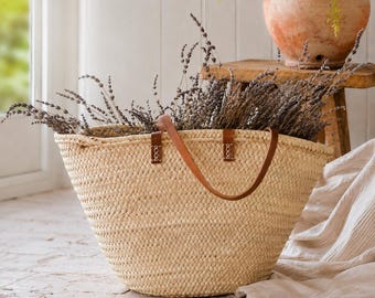 French Market Basket with Leather Handles | Handwoven Straw Tote Bag | Farmhouse Market Bag | European Countryside Basket