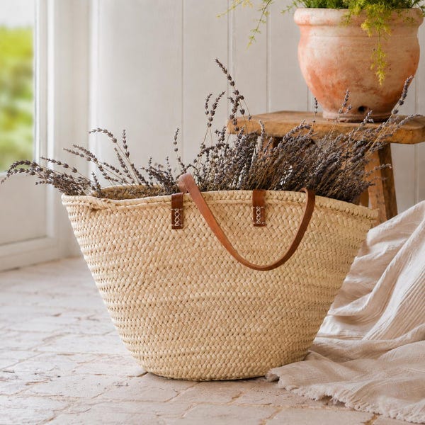 French Market Basket with Leather Handles | Handwoven Straw Tote Bag | Farmhouse Market Bag | European Countryside Basket