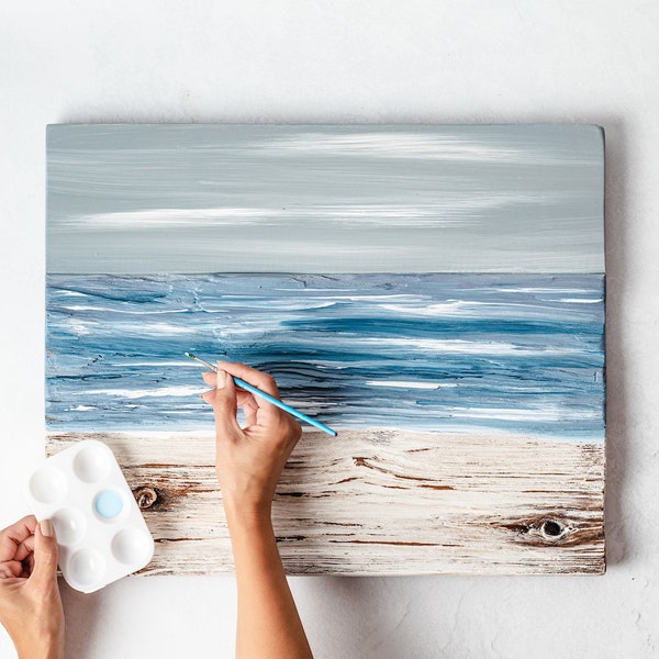 Ocean Painting On Wood | Beach Wall Art | Nautical Decor | Beach House Art | Seascape | Abstract Landscape Art | Reclaimed Wood