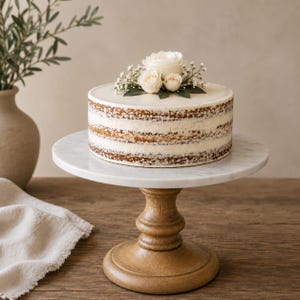 May include: A round, layered cake with white frosting and fresh white roses and greenery on top. The cake sits on a white marble cake stand with a wooden base. The cake stand is on a wooden table.
