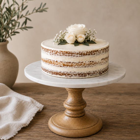 Marble Cake Stand with Mango Wood Base | Farmhouse Dessert Pedestal | Kitchen Counter Serving Stand