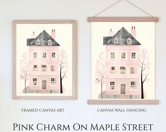 Pink Charm On Maple Street | Whimsical Painting | Pink House Nursery Canvas Artwork