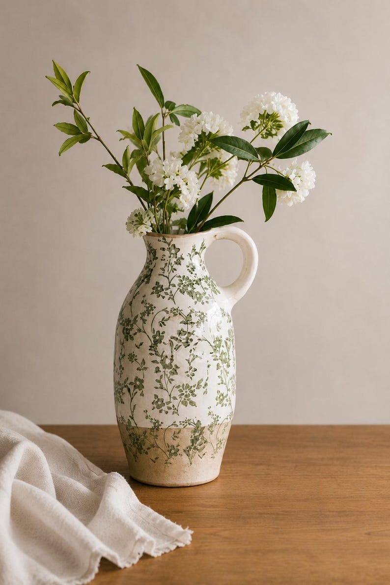 May include: A ceramic pitcher with a cream-colored base and a green floral pattern featuring delicate vines and blossoms. The pitcher has a single side handle and contains a bouquet of white flowers with green leaves extending from the top opening.
