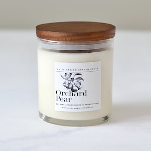 Orchard Pear Soy Handpoured Candle Small Batch Non-Toxic Clean Burning Reusable Glass Jar With Wood Lid Gifts For Her image 1