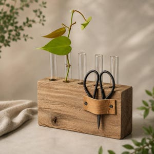 Reclaimed White Oak Propagation Station | Glass Stem Vase with Scissors