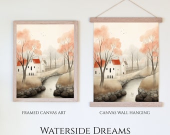 Waterside Dreams | Whimsical Painting | Houses By A Stream | Canvas Artwork
