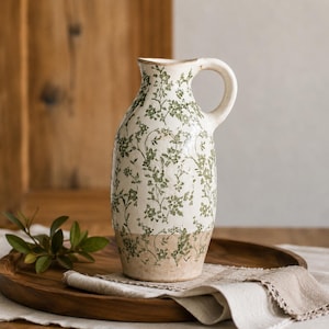 May include: A ceramic pitcher featuring a cream-colored base with a repeating green floral pattern. The vessel has a rounded body, a narrow neck, and a single curved handle on the side. The bottom section of the pitcher transitions to a tan color.