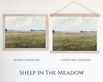 Sheep In The Meadow | Landscape Painting | Farm Shepherd Fields | Canvas Artwork