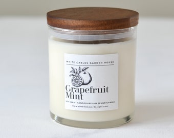 Grapefruit Mint Soy Handpoured Candle | Small Batch | Non-Toxic | Clean Burning | Reusable Glass Jar With Wood Lid | Gifts For Her