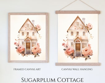 Sugarplum Cottage | Whimsical Painting | Pink Roses House Nursery Canvas Artwork