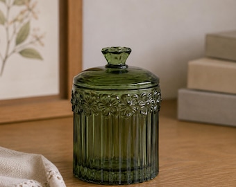 Olive Green Glass Canister with Lid | Vintage Inspired Apothecary Jar | Floral Embossed Glass Vessel | Cottagecore Decor | Storage Jar