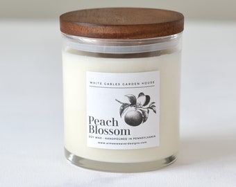 Peach Blossom Soy Handpoured Candle | Small Batch | Non-Toxic | Clean Burning | Reusable Glass Jar With Wood Lid | Gifts For Her