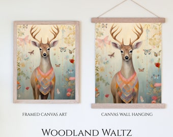 Woodland Waltz | Whimsical Woodland Nursery Canvas Artwork | Deer And Butterflies