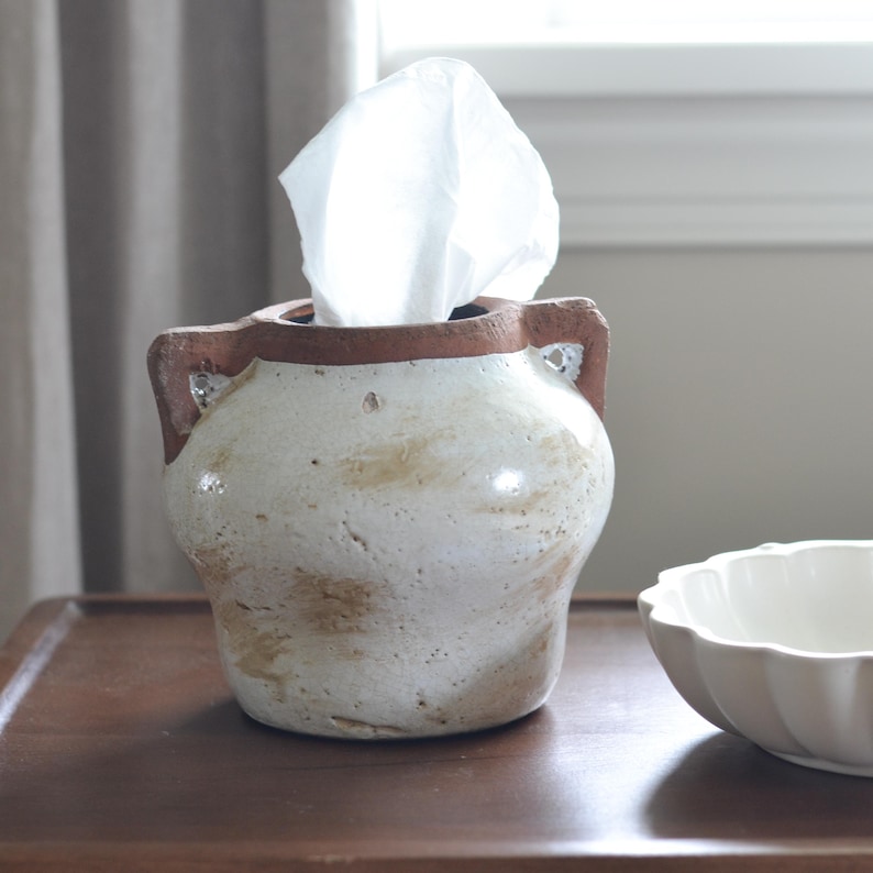 Rustic Stoneware Tissue Holder Jar – Distressed Ceramic Dispenser
