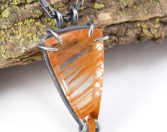 Amphibole Quartz Necklace in Oxidized Sterling Silver - Elongated Shield Tablet