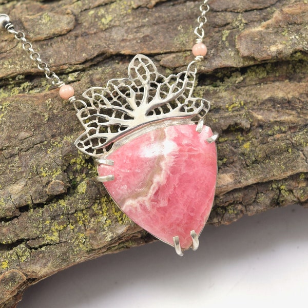 Pink Rhodochrosite Fan Coral Necklace in Sterling Silver