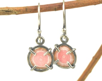 Rhodochrosite Stalactite Slice Earrings in Brushed Sterling Silver - Single Orbed