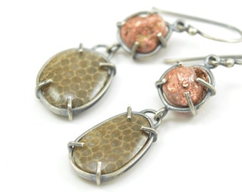 Keweenaw Copper Nugget and Fossil Coral Earrings