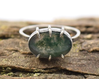 Moss Agate Ring - Size 7.5 - Bezel and Prong Setting