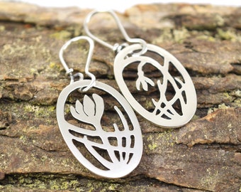 Hand-Sawn Snowdrop and Crocus Earrings in the Style of Art Nouveau - Sterling Silver