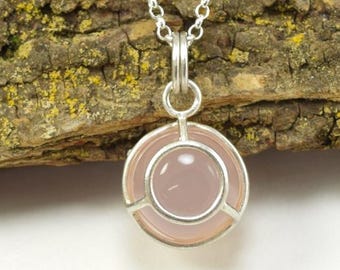 Natural Pink Chalcedony Bulkhead Light Pendant - High Dome Round Shape - Sterling Silver