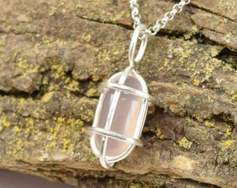 Natural Pink Chalcedony Bulkhead Light Pendant - Small Pill Shape - Sterling Silver