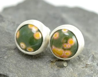Round Ocean Jasper Stud Earrings in Brushed Sterling Silver