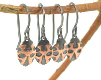 Mixed Metal Ladybug Earrings in Oxidized Sterling Silver & Copper