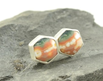 Hexagon Ocean Jasper Stud Earrings in Brushed Sterling Silver