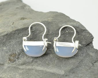 Natural Blue Chalcedony Dangling Hoop Earrings in Sterling Silver