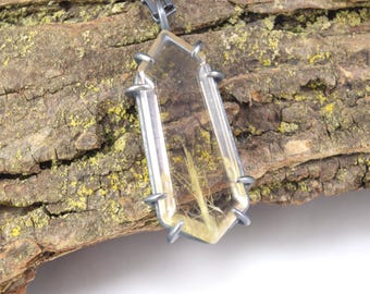 Rutilated Quartz Necklace in Oxidized Sterling Silver - Elongated Hexagon Tablet