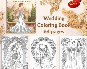 May include: A "Wedding Dreams" coloring book with a bride on the cover, and the text "Wedding Coloring Book 64 pages". The book features detailed line drawings of wedding scenes, including couples and bridesmaids.