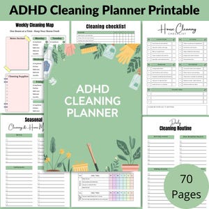 Op de afbeelding: Een afdrukbare ADHD schoonmaakplanner met een groene omslag en diverse checklists. De planner bevat secties voor wekelijkse, seizoensgebonden en dagelijkse routines, met in totaal 70 pagina's. De titel "ADHD Cleaning Planner" is prominent aanwezig.