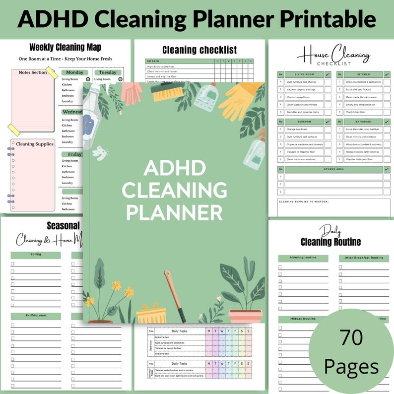 Beautiful 70-page ADHD Cleaning Planner Printable in A4 PDF format with an elegant, modern cover design – thoughtfully created to help you declutter, stay focused, and finally feel calm and in control of your home – download instantly and start your fresh, organized life today ✨