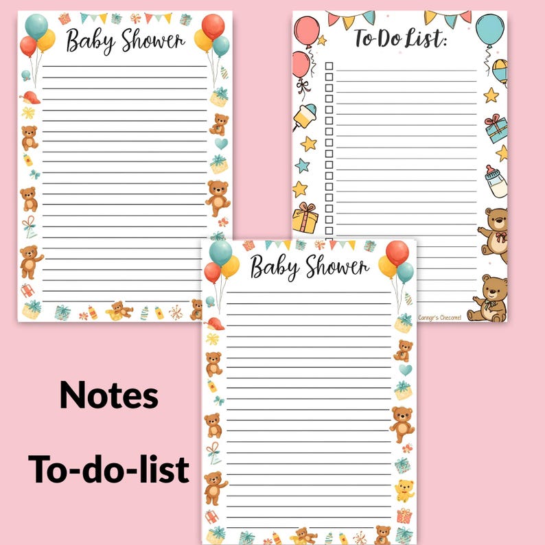 Baby Shower Planner printable pages — includes notes pages and to-do lists to organize every detail of your baby shower. Part of the 58-page planner for moms-to-be. Stay organized and stress-free. Instant download!