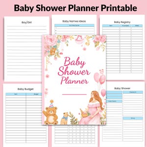 Baby Shower Planner Printable Cover Page with 58 Planner Pages Preview — includes baby name ideas (boy & girl), baby registry checklist, baby budget planner, and shower planning pages — Perfect for organizing your baby shower. Download instantly!