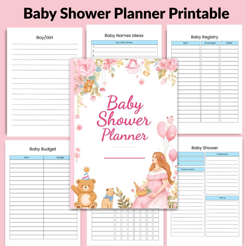 Baby Shower Planner Printable Cover Page with 58 Planner Pages Preview — includes baby name ideas (boy & girl), baby registry checklist, baby budget planner, and shower planning pages — Perfect for organizing your baby shower. Download instantly!