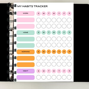 A weekly habit tracker printable page designed to organize your routines at work, home, morning, and night, helping you stay balanced, focused, and consistent every day — download now and simplify your weekly planning ✨📋