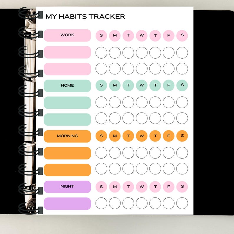 A weekly habit tracker printable page designed to organize your routines at work, home, morning, and night, helping you stay balanced, focused, and consistent every day — download now and simplify your weekly planning ✨📋