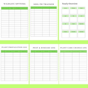 Preview of garden planner pages featuring wildlife spotting, soil pH tracker, yearly overview, plant care change log, pest & disease log, and plant propagation log, designed to help garden lovers monitor, protect, and nurture their plants with care.
👉 Download the complete garden planner and take mindful care of your garden.