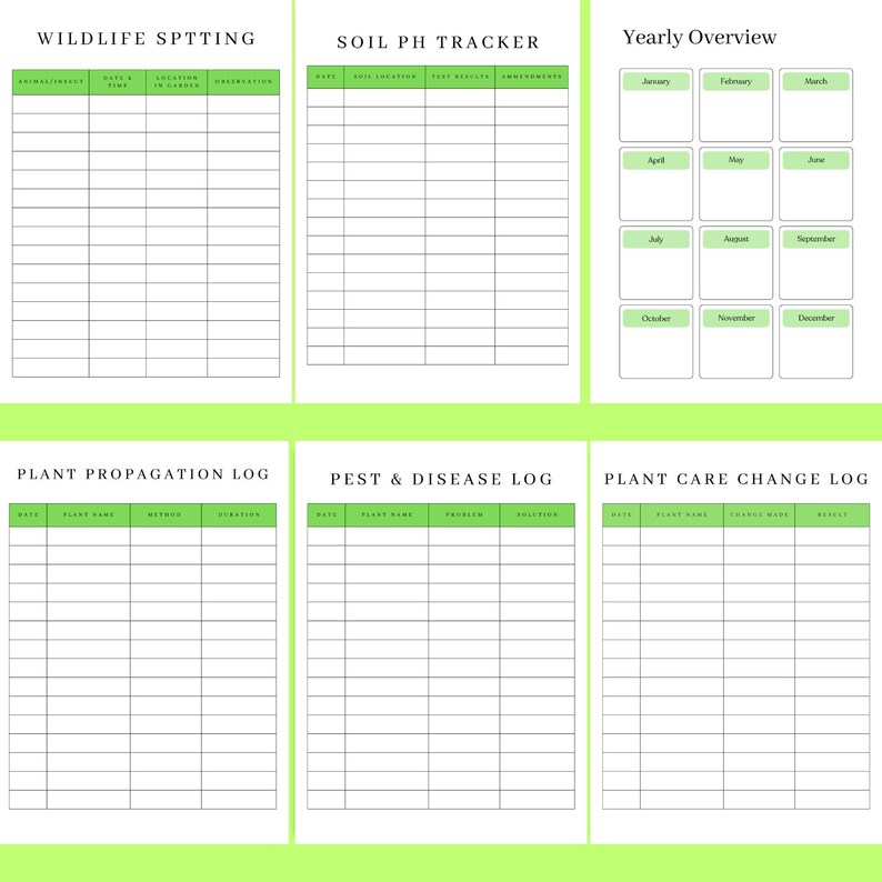 Preview of garden planner pages featuring wildlife spotting, soil pH tracker, yearly overview, plant care change log, pest & disease log, and plant propagation log, designed to help garden lovers monitor, protect, and nurture their plants with care.
👉 Download the complete garden planner and take mindful care of your garden.