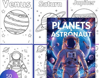 Könnte beinhalten: Ein Malbuch mit dem Titel "Planets & Astronaut" mit einem Cover, das einen Astronauten in einem Raumanzug zeigt. Das Buch enthält Malvorlagen von Planeten wie Venus, Saturn und Jupiter und hat 50 Seiten. Der Titel ist in einem lila-blauen Farbverlauf gehalten.