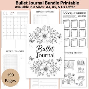 Op de afbeelding: Een digitale bullet journal bundel om af te drukken met 190 pagina's in A4, A5 en US Letter formaten. De collectie bevat een maandkalender voor januari 2027, een fitnesstracker, een gezondheidstracker, een boekenbingo en een leeslijstpagina.