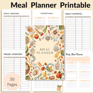 May include: A printable meal planner with various sections for fridge and freezer inventory, favorite meals, and a daily meal planner. The cover features a watercolor illustration of food items. The text "Meal Planner Printable" is at the top.